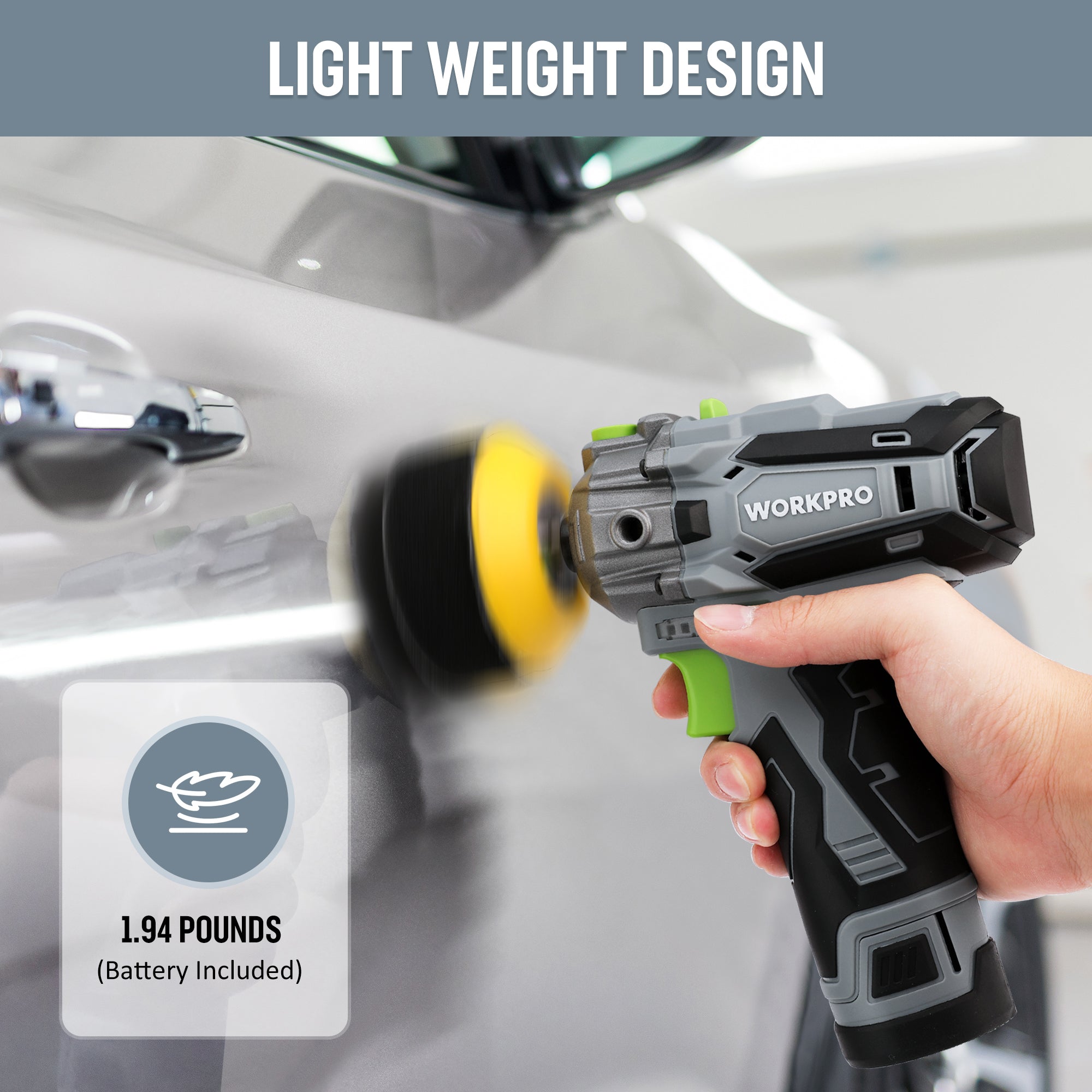 WORKPRO 12V Cordless Polisher, 3" Mini Car Detailing Buffer & Sander Machine Kit with 2 Li-Ion Batteries - Image 3