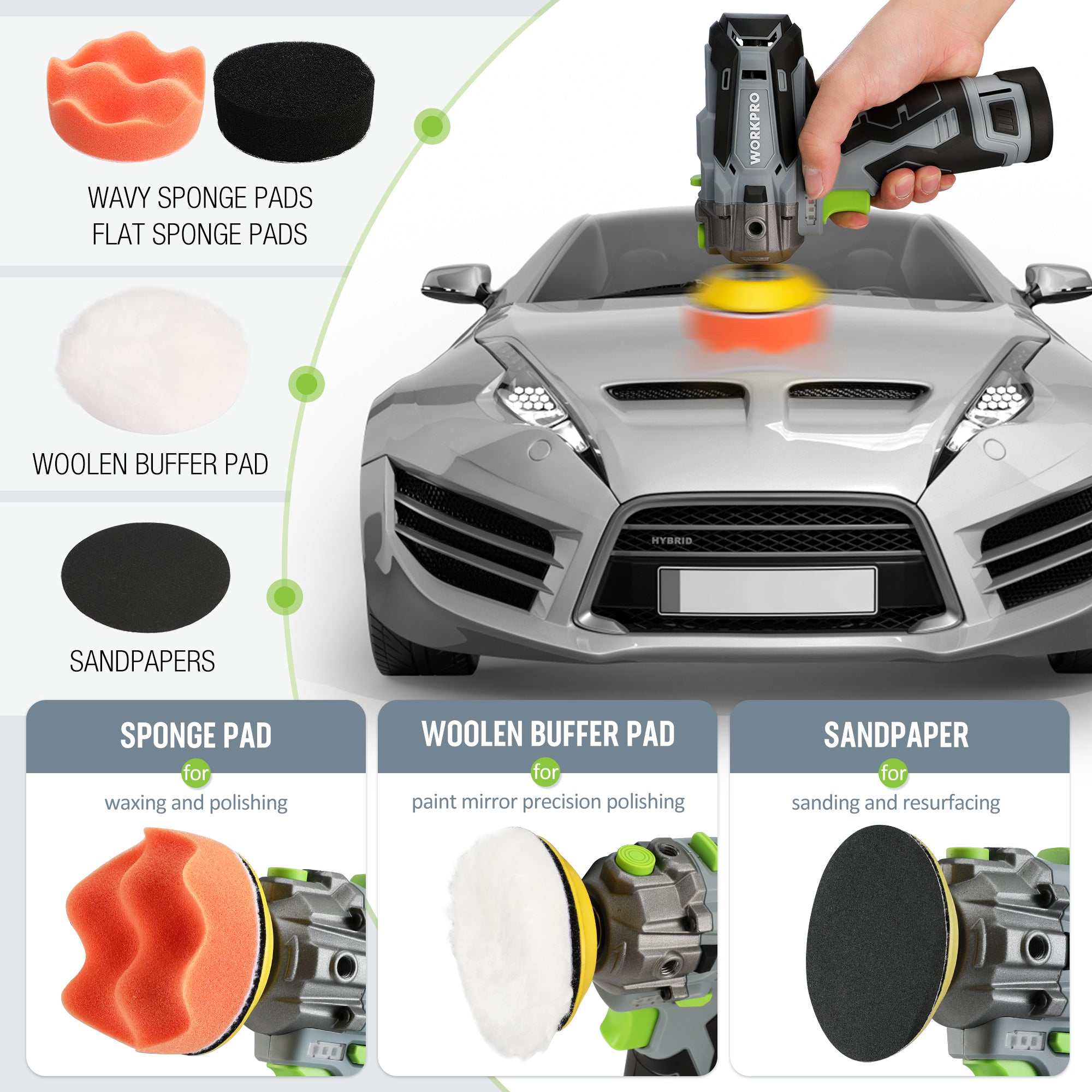 WORKPRO 12V Cordless Polisher, 3" Mini Car Detailing Buffer & Sander Machine Kit with 2 Li-Ion Batteries - Image 6