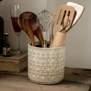 Utensil Holder Ceramic Embossed Floral Wide Opening