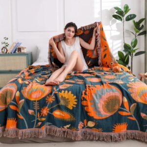 Throw Blanket Cotton Boho Floral Lightweight & Breathable