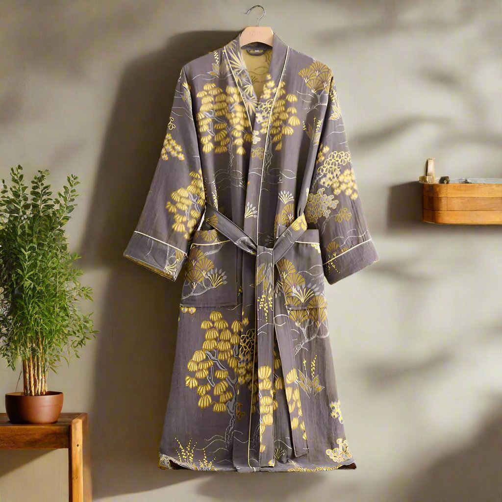 Bathrobe Cotton Gauze Gold Floral Waist Tie - Image 3