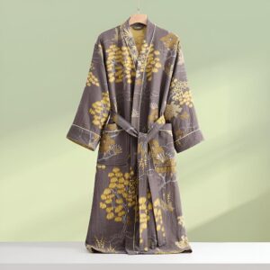 Bathrobe Cotton Gauze Gold Floral Waist Tie