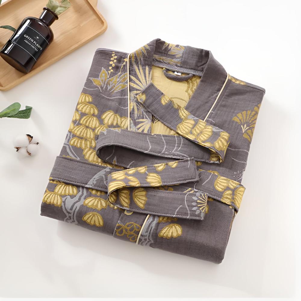Bathrobe Cotton Gauze Gold Floral Waist Tie - Image 2