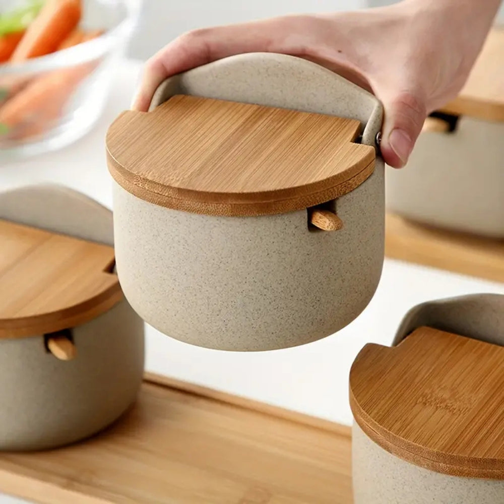 Spice Jar Set Ceramic Bamboo Lids Wooden Tray - Image 5