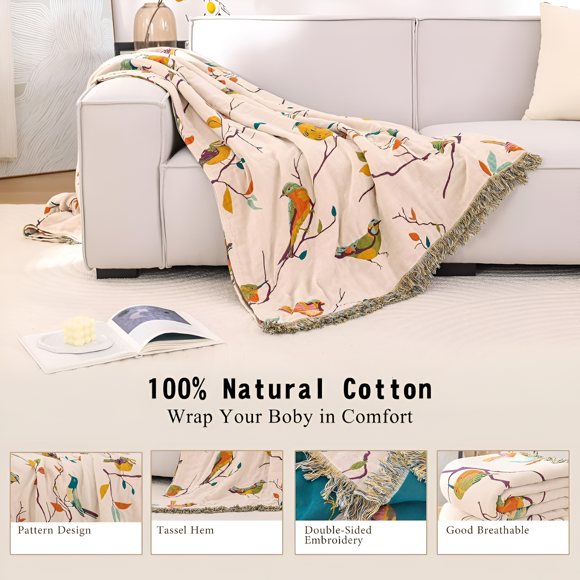 Cotton Blanket Bird Print Tassels Lightweight & Breathable - Image 3