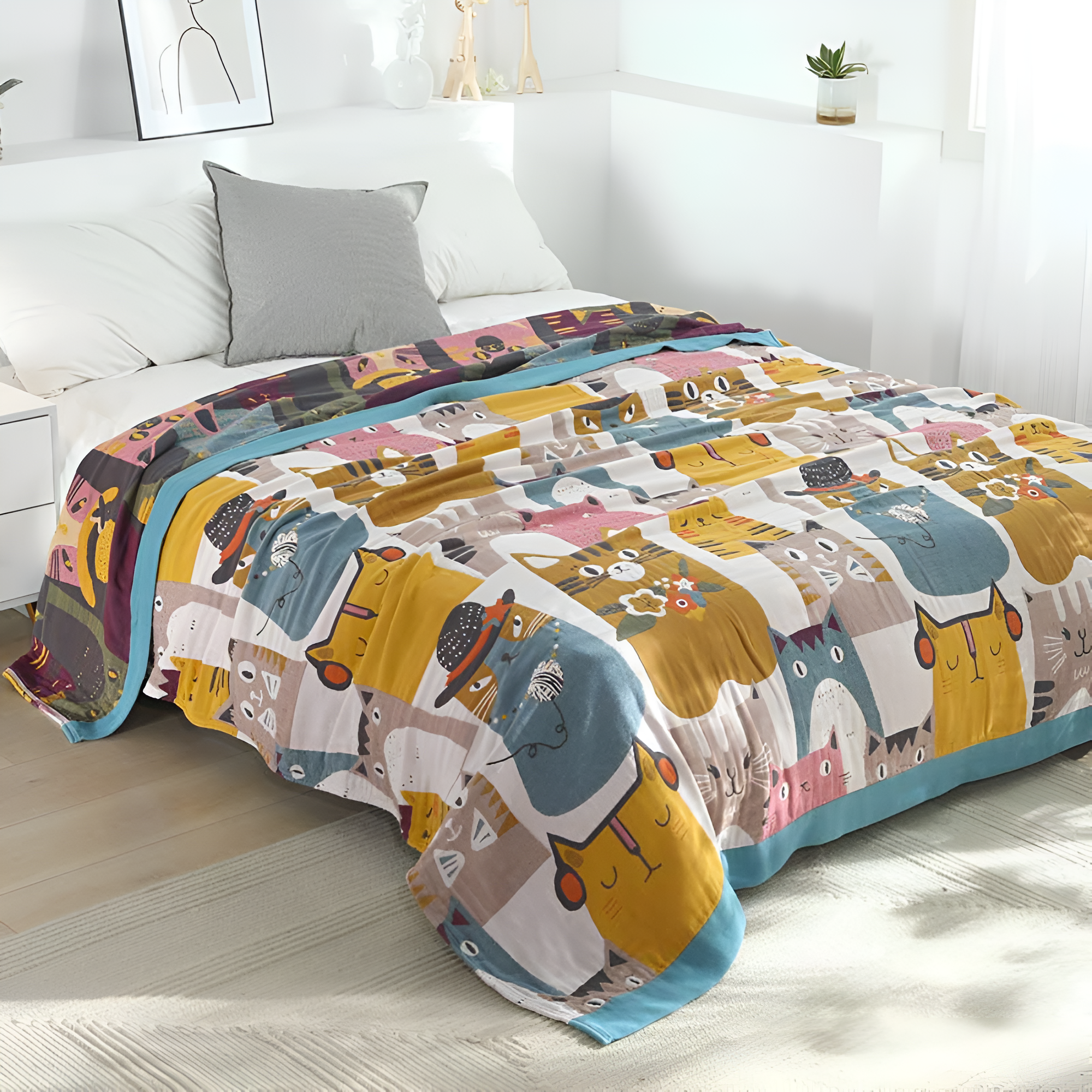 Children's Blanket Reversible Cat Print 100% Cotton