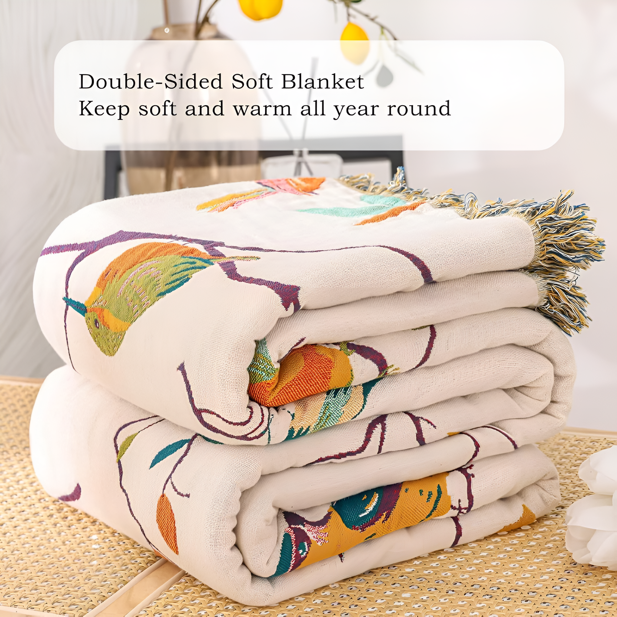 Cotton Blanket Bird Print Tassels Lightweight & Breathable - Image 4