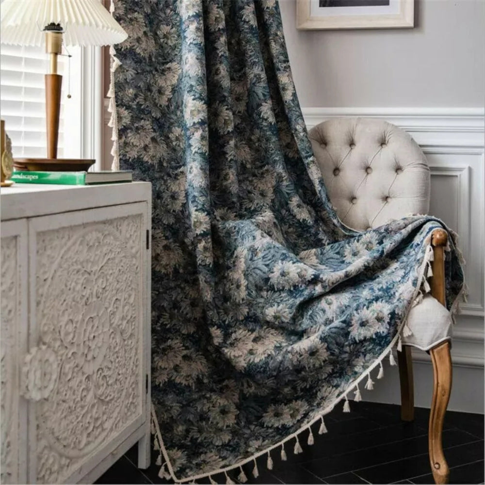 Curtains Navy Floral Tassel Brushed Polyester Light-Filtering
