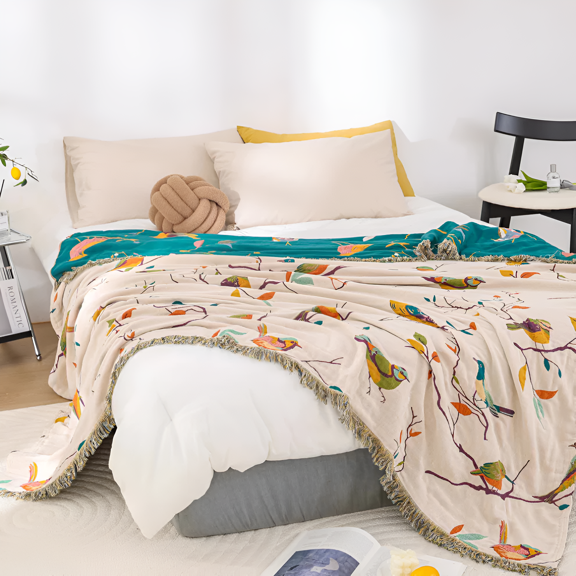 Cotton Blanket Bird Print Tassels Lightweight & Breathable - Image 5