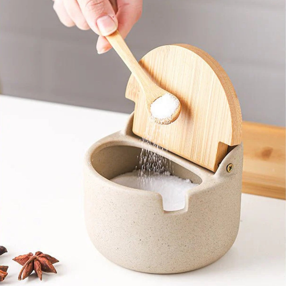 Spice Jar Set Ceramic Bamboo Lids Wooden Tray - Image 8