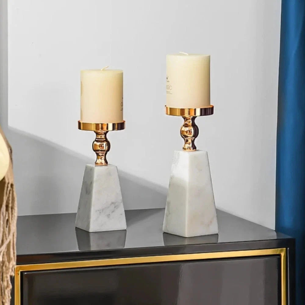 Candle Holder Marble Pyramid Gold Accent - Image 2