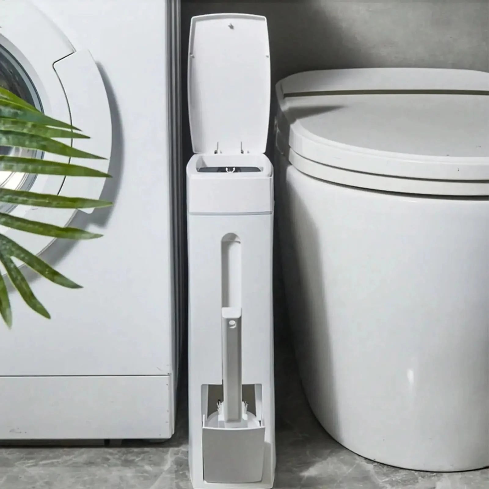 Bathroom Trash Bin Slim Space-Saving Integrated Brush - Image 3