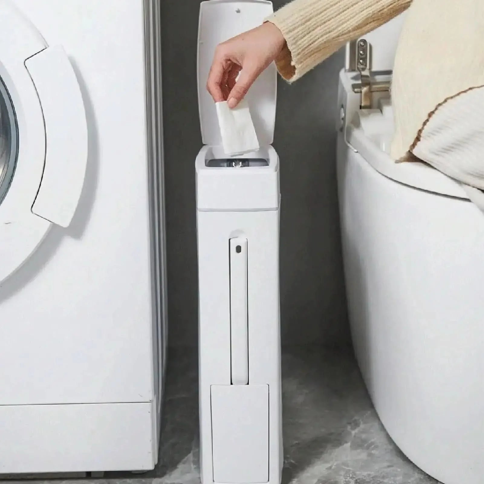 Bathroom Trash Bin Slim Space-Saving Integrated Brush - Image 5