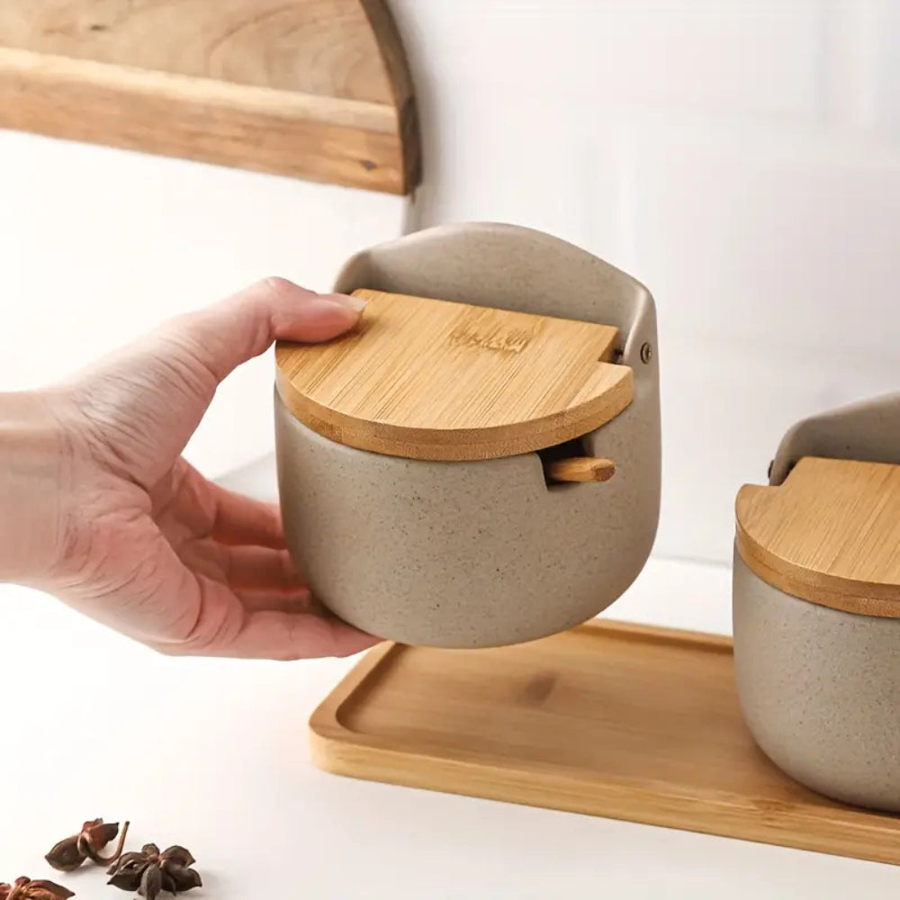 Spice Jar Set Ceramic Bamboo Lids Wooden Tray - Image 4