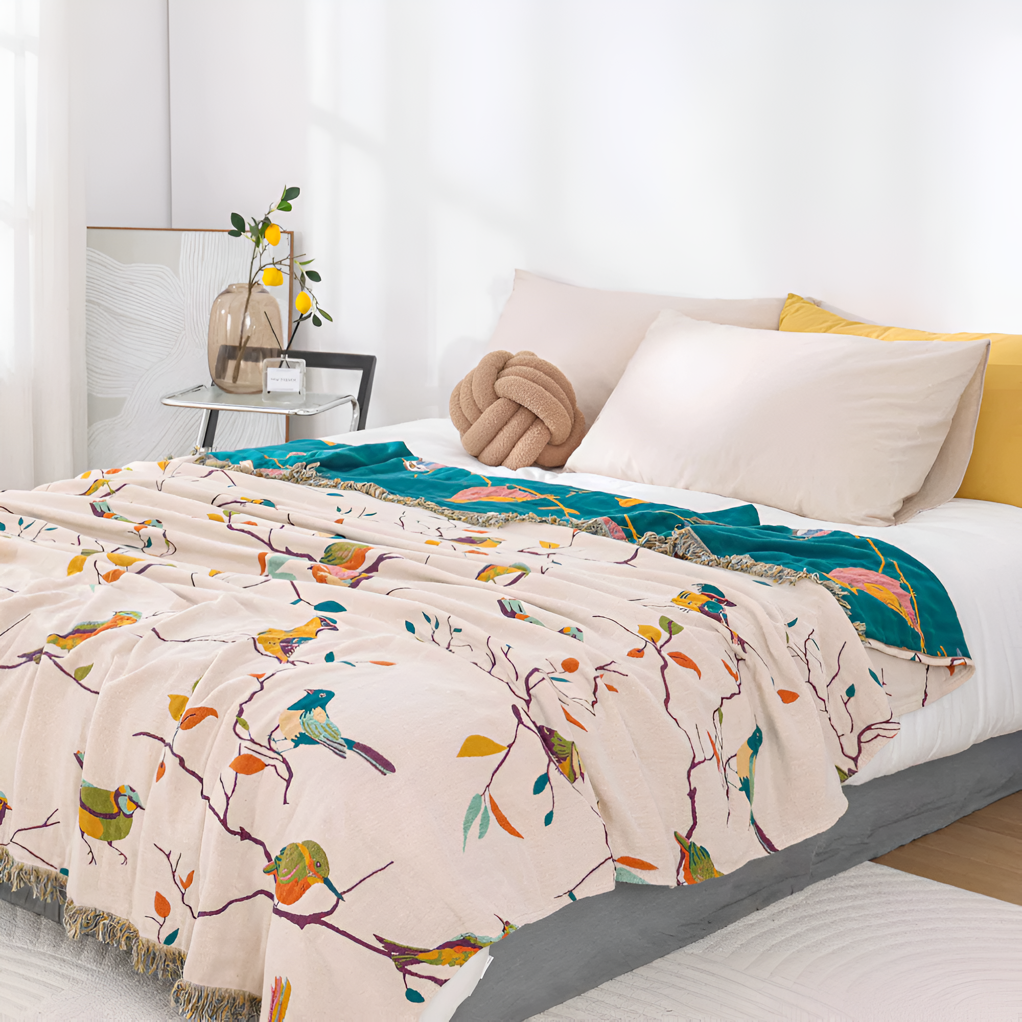 Cotton Blanket Bird Print Tassels Lightweight & Breathable - Image 2