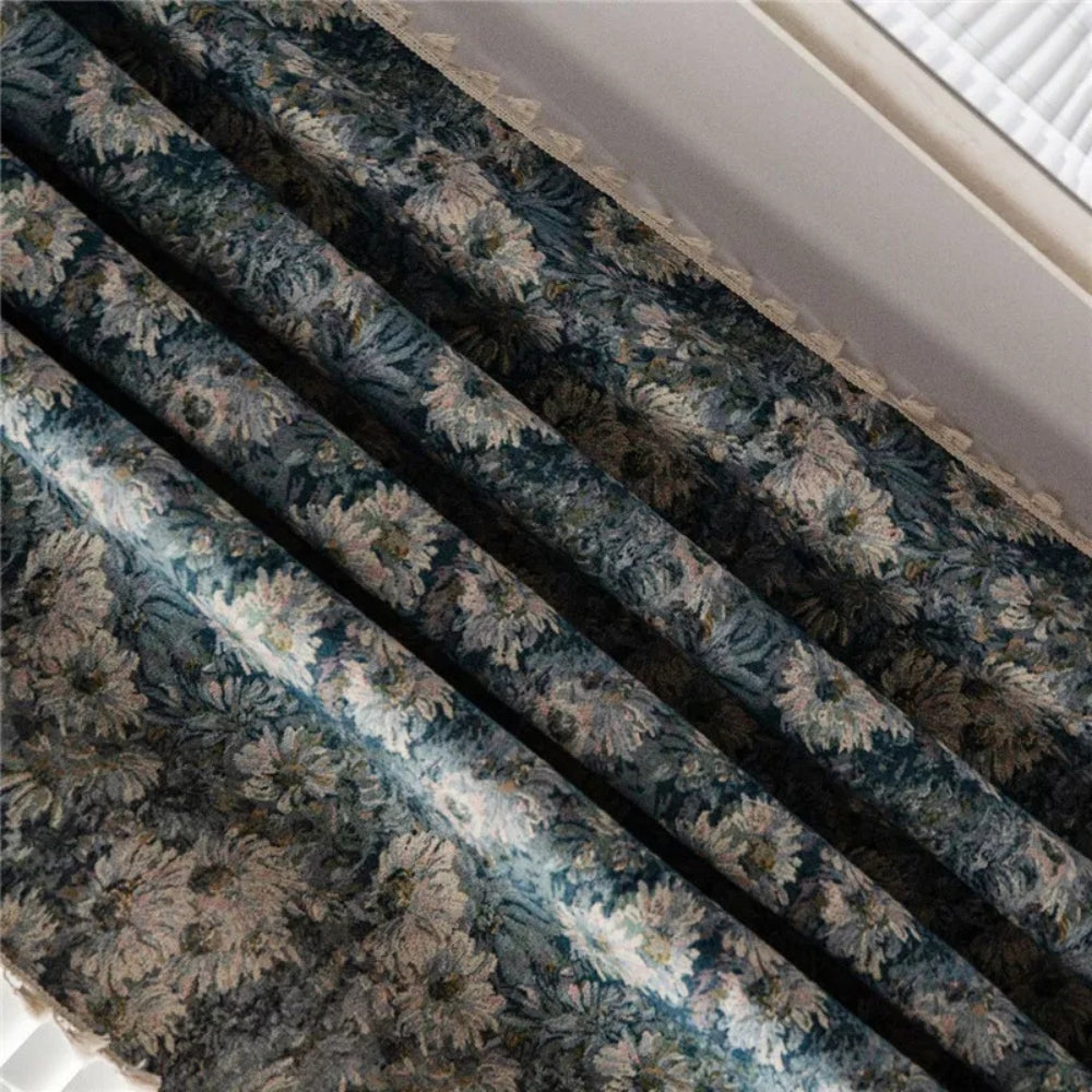 Curtains Navy Floral Tassel Brushed Polyester Light-Filtering - Image 4