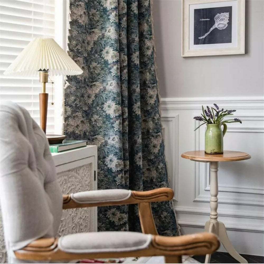 Curtains Navy Floral Tassel Brushed Polyester Light-Filtering - Image 5