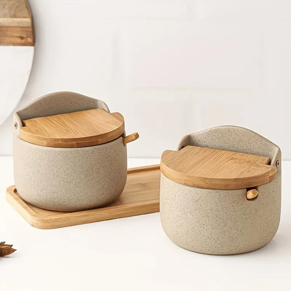 Spice Jar Set Ceramic Bamboo Lids Wooden Tray - Image 2