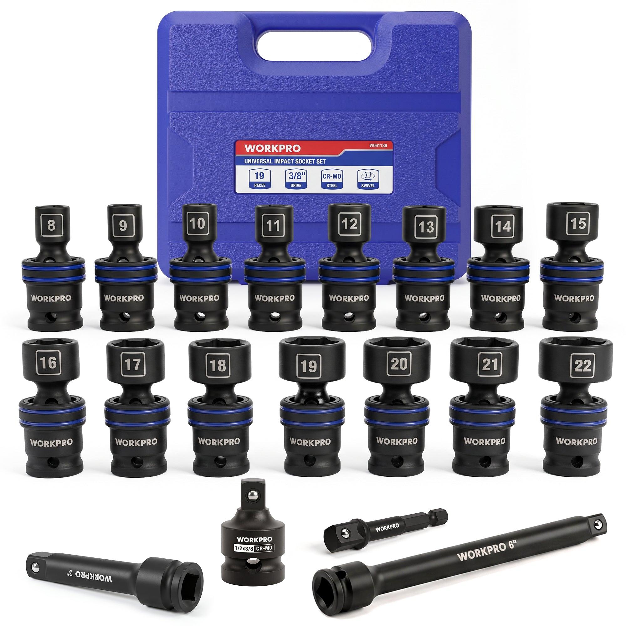 WORKPRO 19-Piece 3/8" Dr. Universal Impact Socket Set, Metric - Image 2