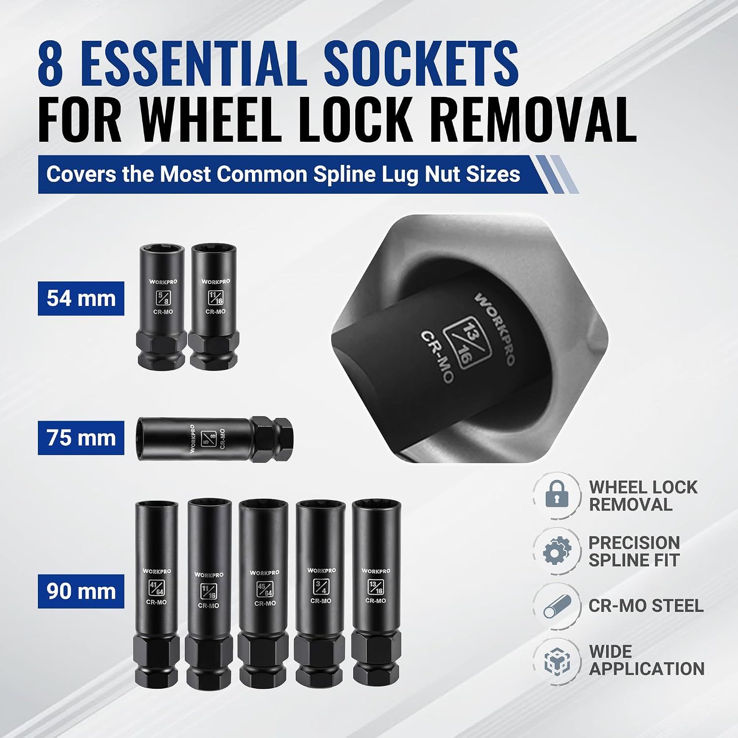 WORKPRO Spline Lug Nut Socket Set, 8PC SAE Wheel Lock Removal Kit - Image 3