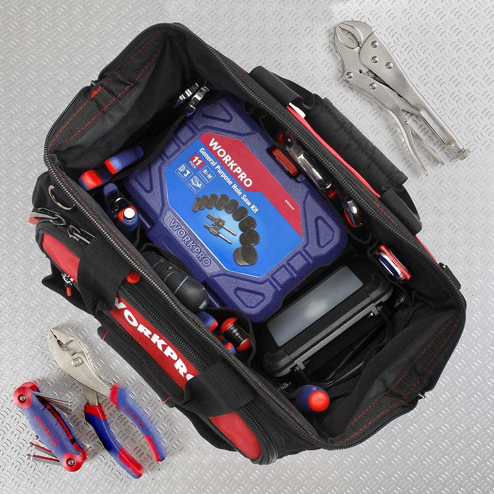 WORKPRO 16" Top Wide Mouth Tool Bag with Water Proof Rubber Base, Multi-Compartment, 46 Pockets - Image 2