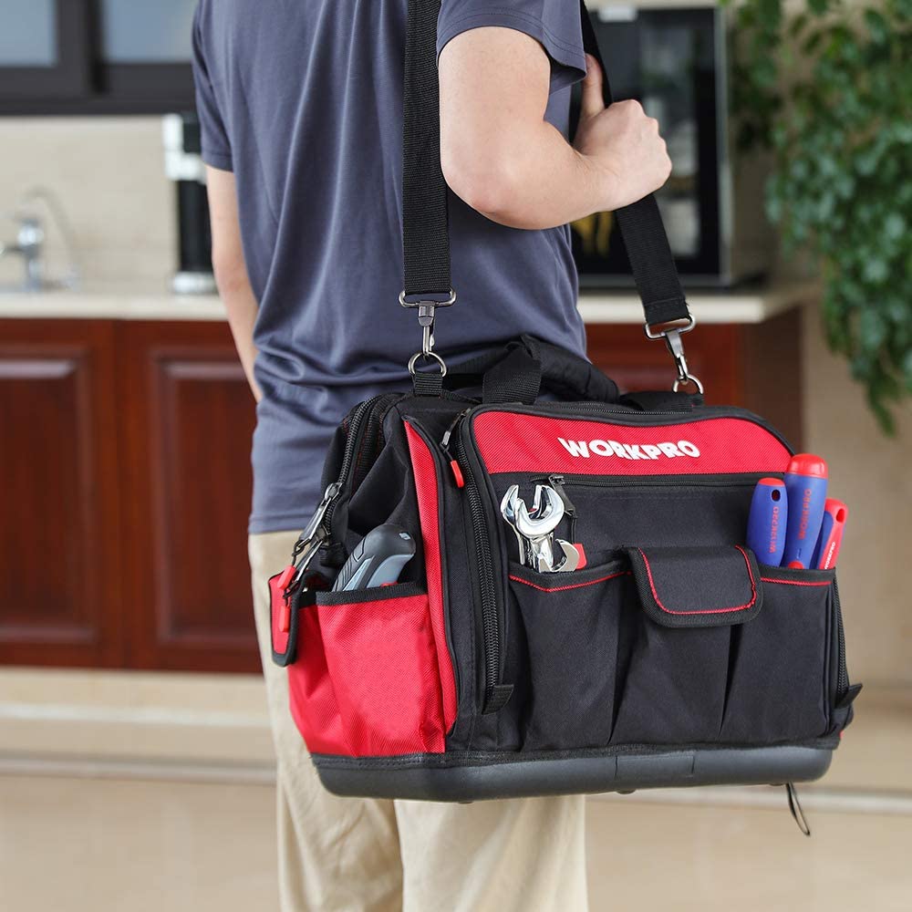 WORKPRO 16" Top Wide Mouth Tool Bag with Water Proof Rubber Base, Multi-Compartment, 46 Pockets - Image 4
