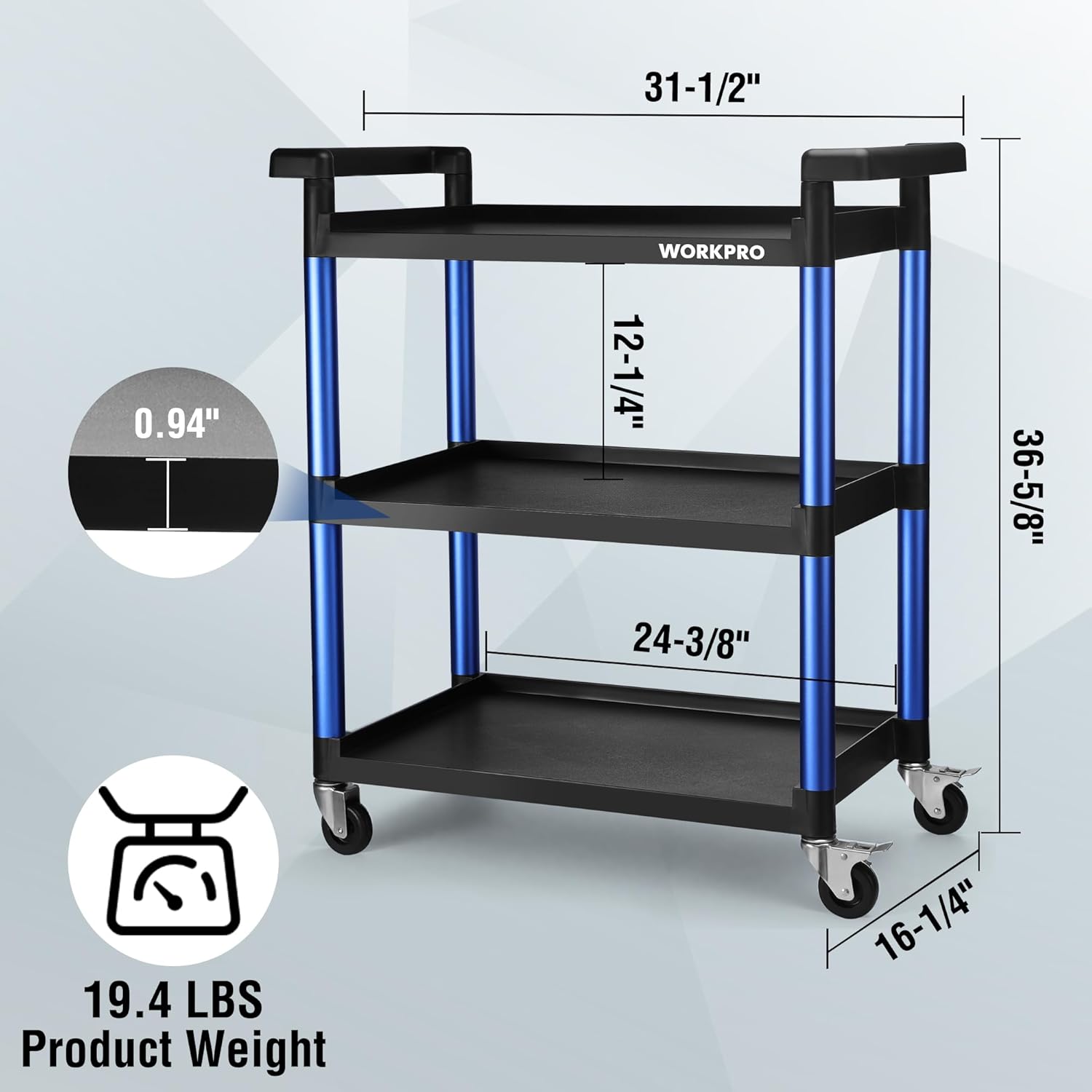 WORKPRO 3-Tier Service Utility Cart, 400LBS Plastic Rolling Cart with Handles & Lockable Wheels, Heavy Duty Storage Cart for Restaurant, Kitchen, Office, Garage, Warehouse - Image 4