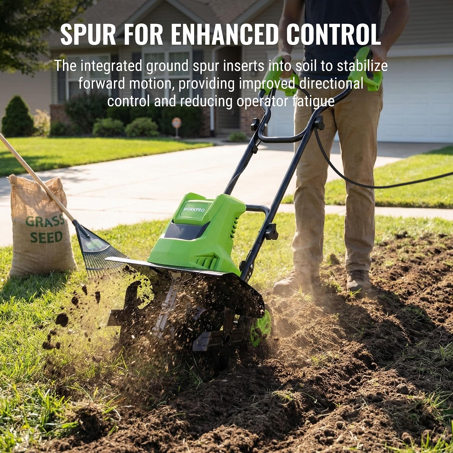 WORKPRO Corded Electric Garden Tiller & Cultivator, 16" Tilling Width & 8.7" Depth, 12.5A Corded Rototiller, 6 Steel Tines, 4-Position Adjustable Wheels, for Garden, Lawn & Flower Beds - Image 4