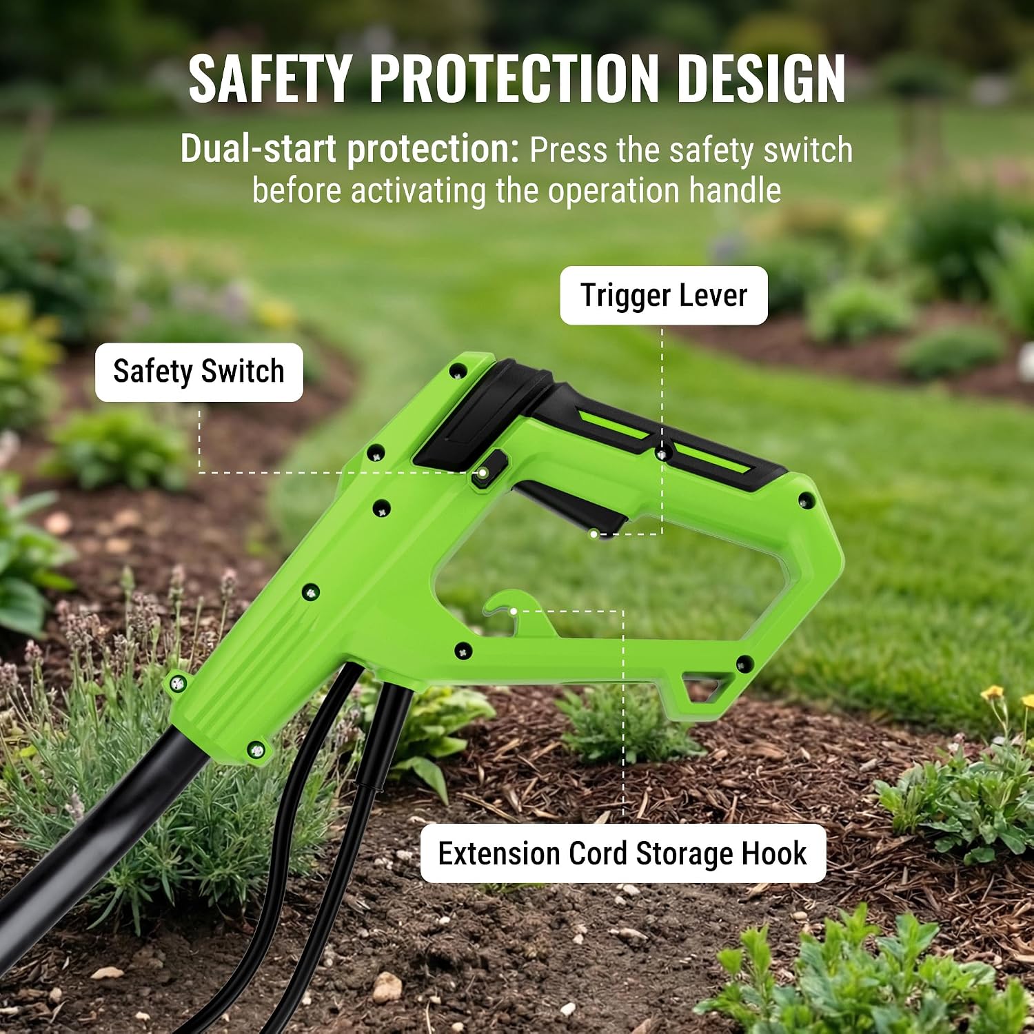 WORKPRO Corded Electric Garden Tiller & Cultivator, 16" Tilling Width & 8.7" Depth, 12.5A Corded Rototiller, 6 Steel Tines, 4-Position Adjustable Wheels, for Garden, Lawn & Flower Beds - Image 7