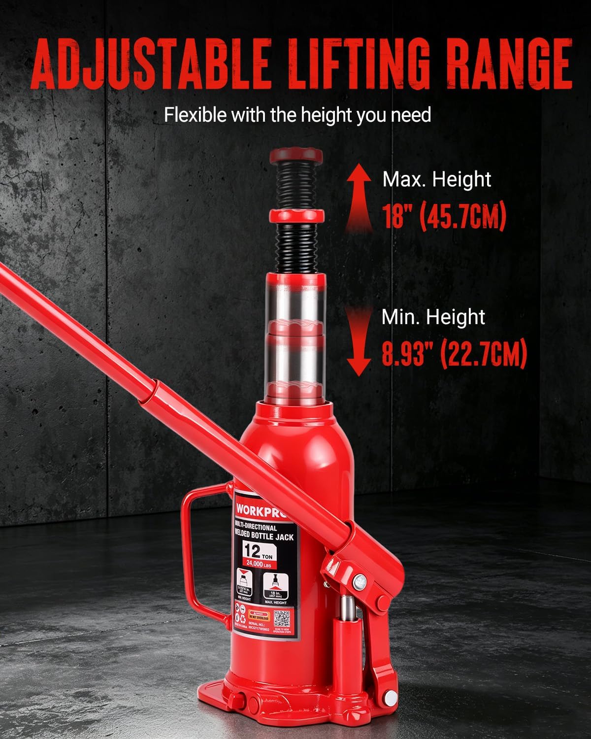 WORKPRO Bottle Jack, 12 Ton Heavy Duty Multi-Directional Welded Bottle Jack - Image 4