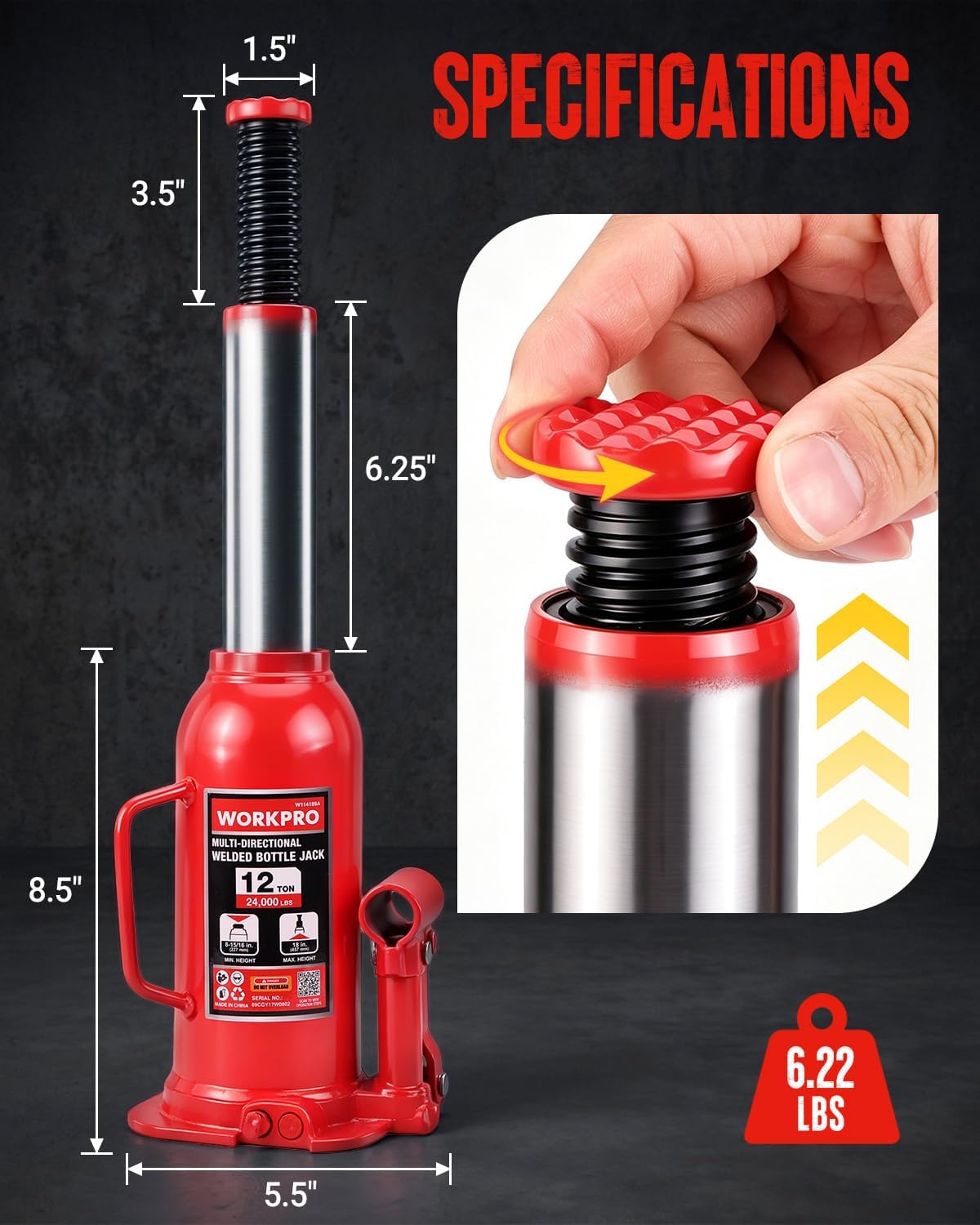WORKPRO Bottle Jack, 12 Ton Heavy Duty Multi-Directional Welded Bottle Jack - Image 5