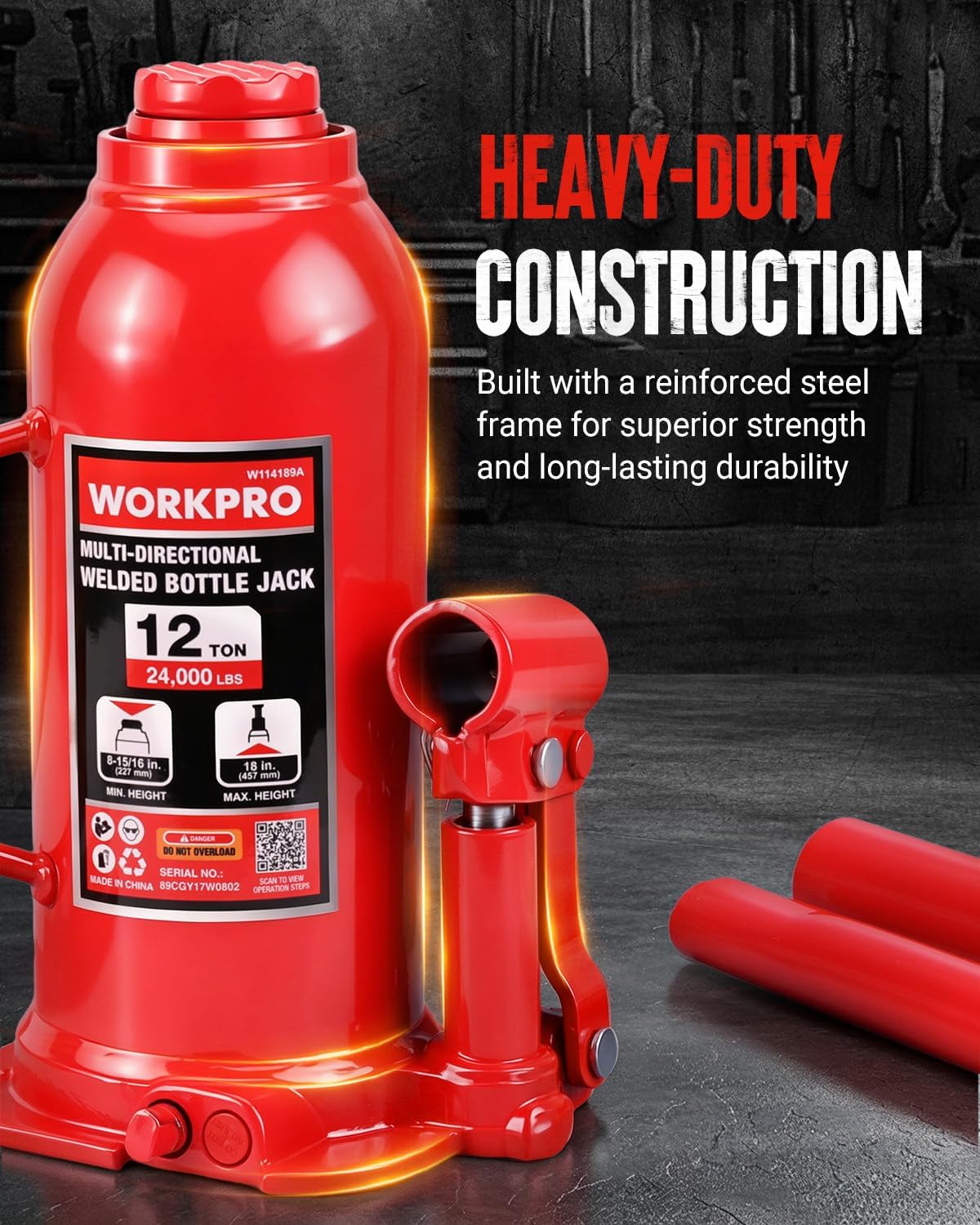 WORKPRO Bottle Jack, 12 Ton Heavy Duty Multi-Directional Welded Bottle Jack - Image 6