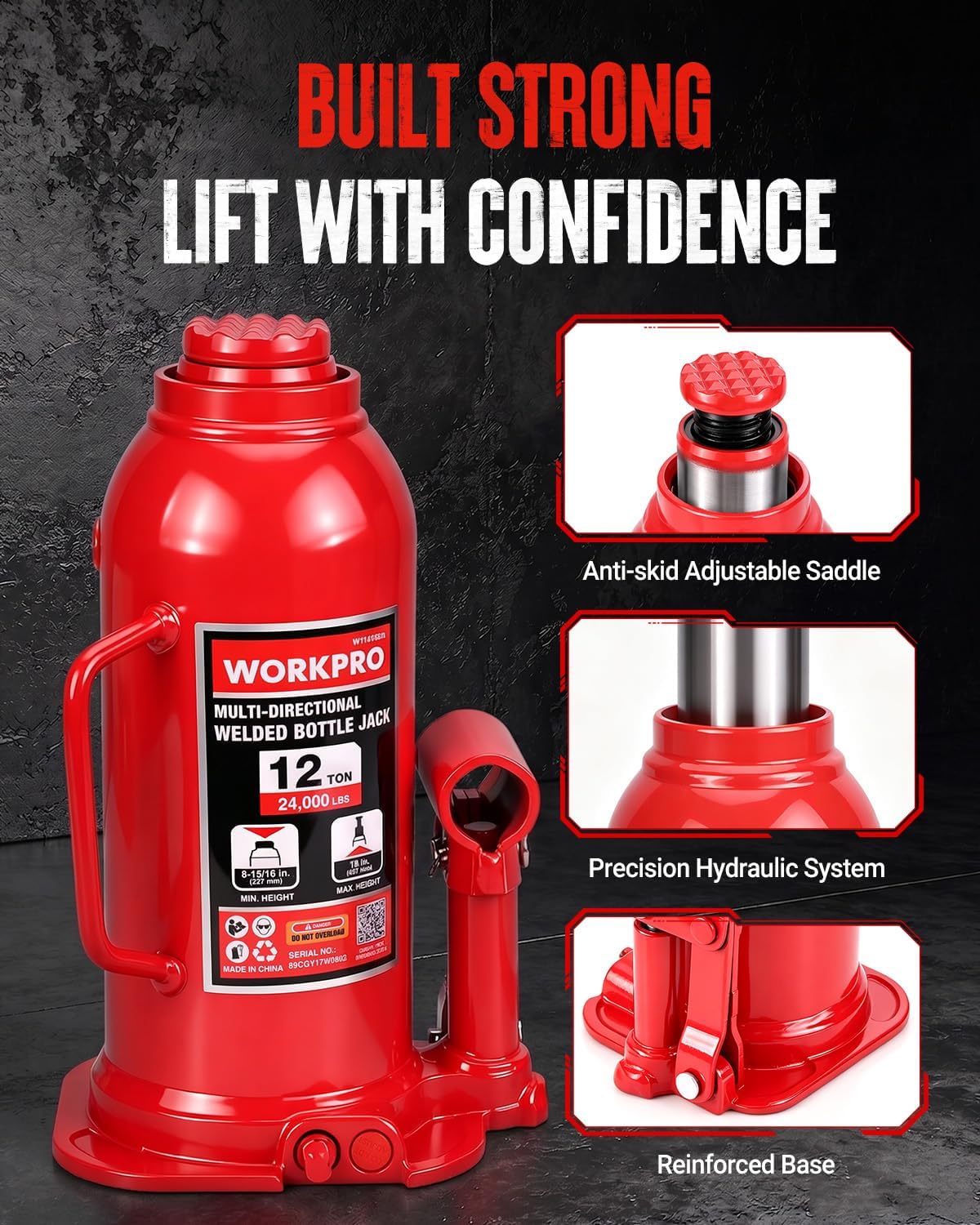 WORKPRO Bottle Jack, 12 Ton Heavy Duty Multi-Directional Welded Bottle Jack - Image 7