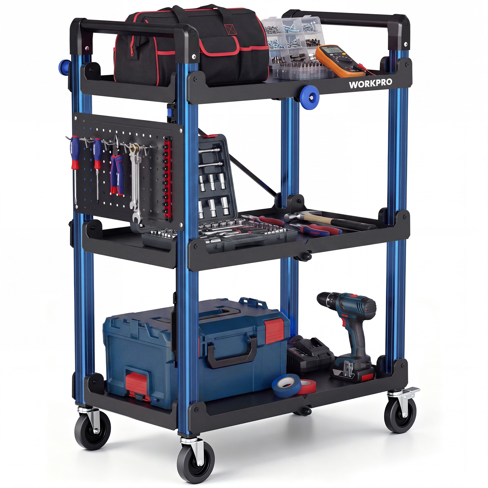 WORKPRO 3-Tier Heavy Duty Collapsible Service Cart-Blue and Black - Image 2