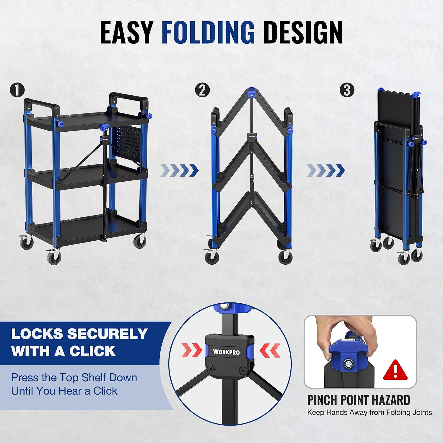 WORKPRO 3-Tier Heavy Duty Collapsible Service Cart-Blue and Black - Image 3