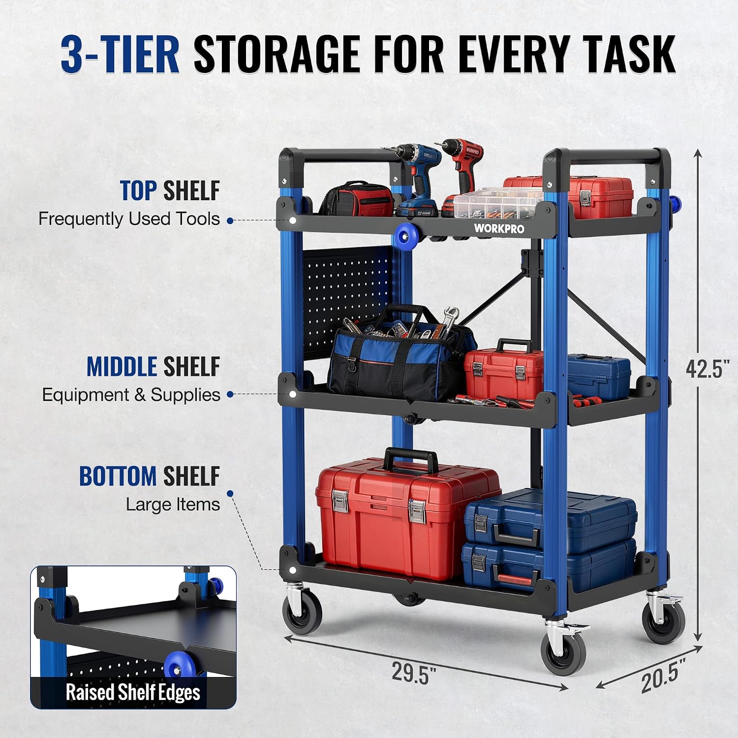 WORKPRO 3-Tier Heavy Duty Collapsible Service Cart-Blue and Black - Image 5