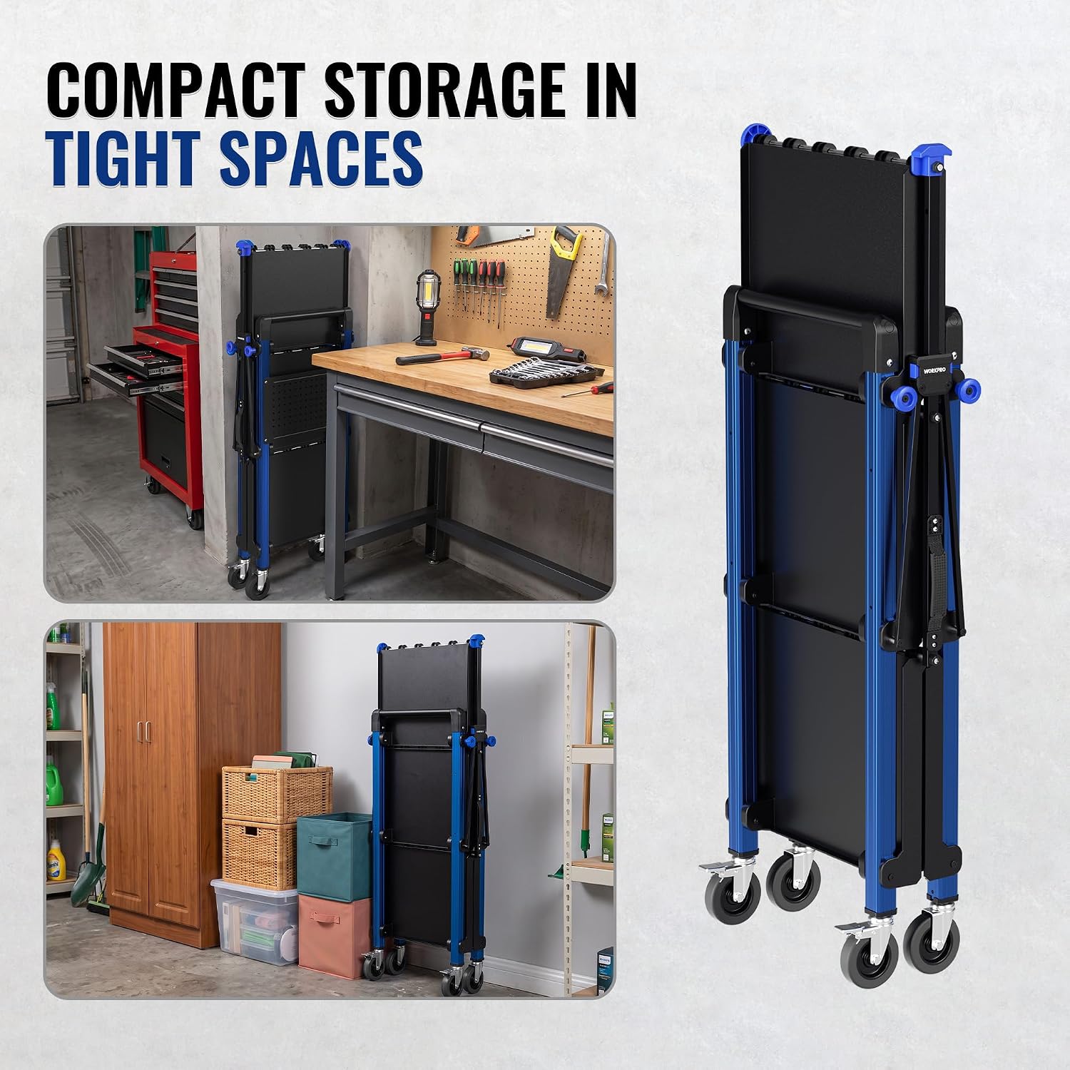 WORKPRO 3-Tier Heavy Duty Collapsible Service Cart-Blue and Black - Image 6