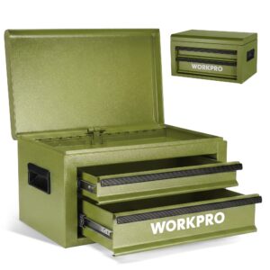 WORKPRO 15-Inch Metal Tool Box with 2 Drawers & Top Storage, Green