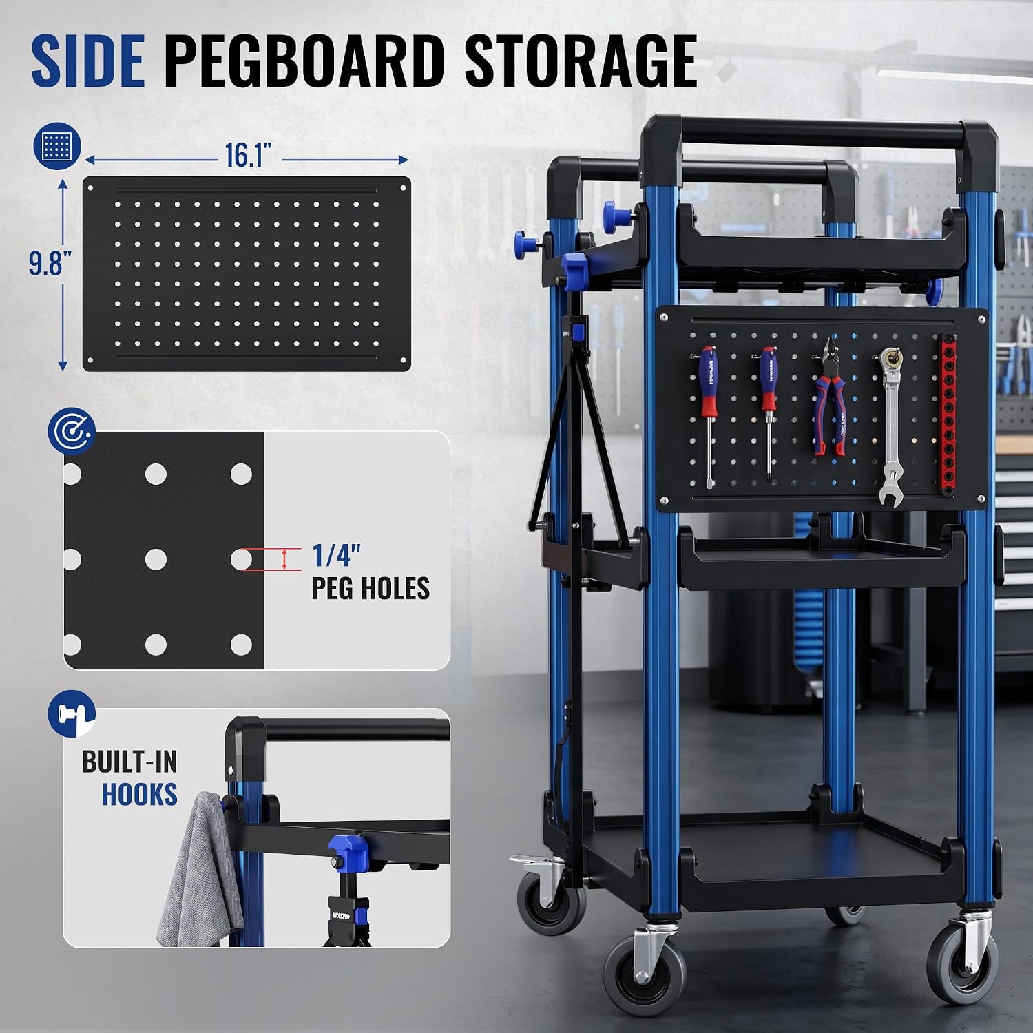 WORKPRO 3-Tier Heavy Duty Collapsible Service Cart-Blue and Black - Image 8