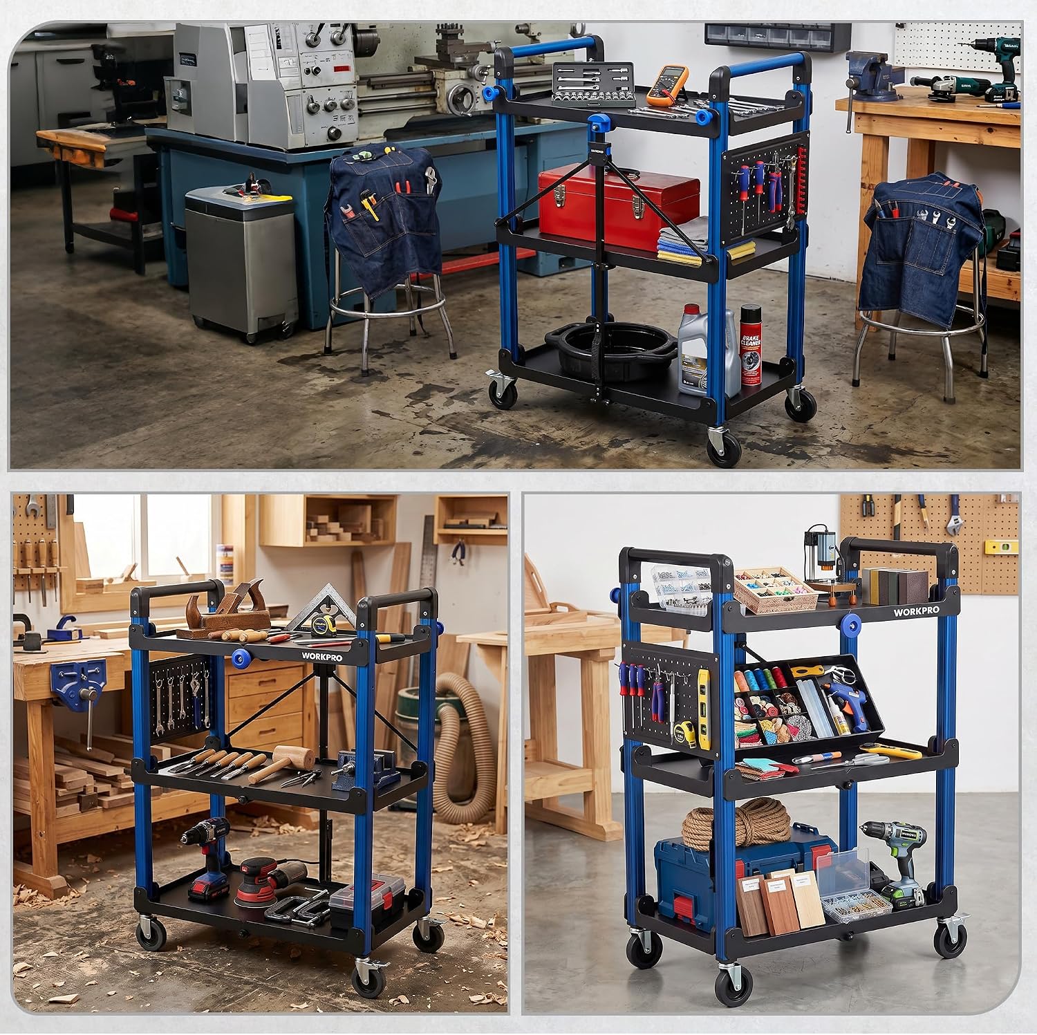 WORKPRO 3-Tier Heavy Duty Collapsible Service Cart-Blue and Black - Image 10