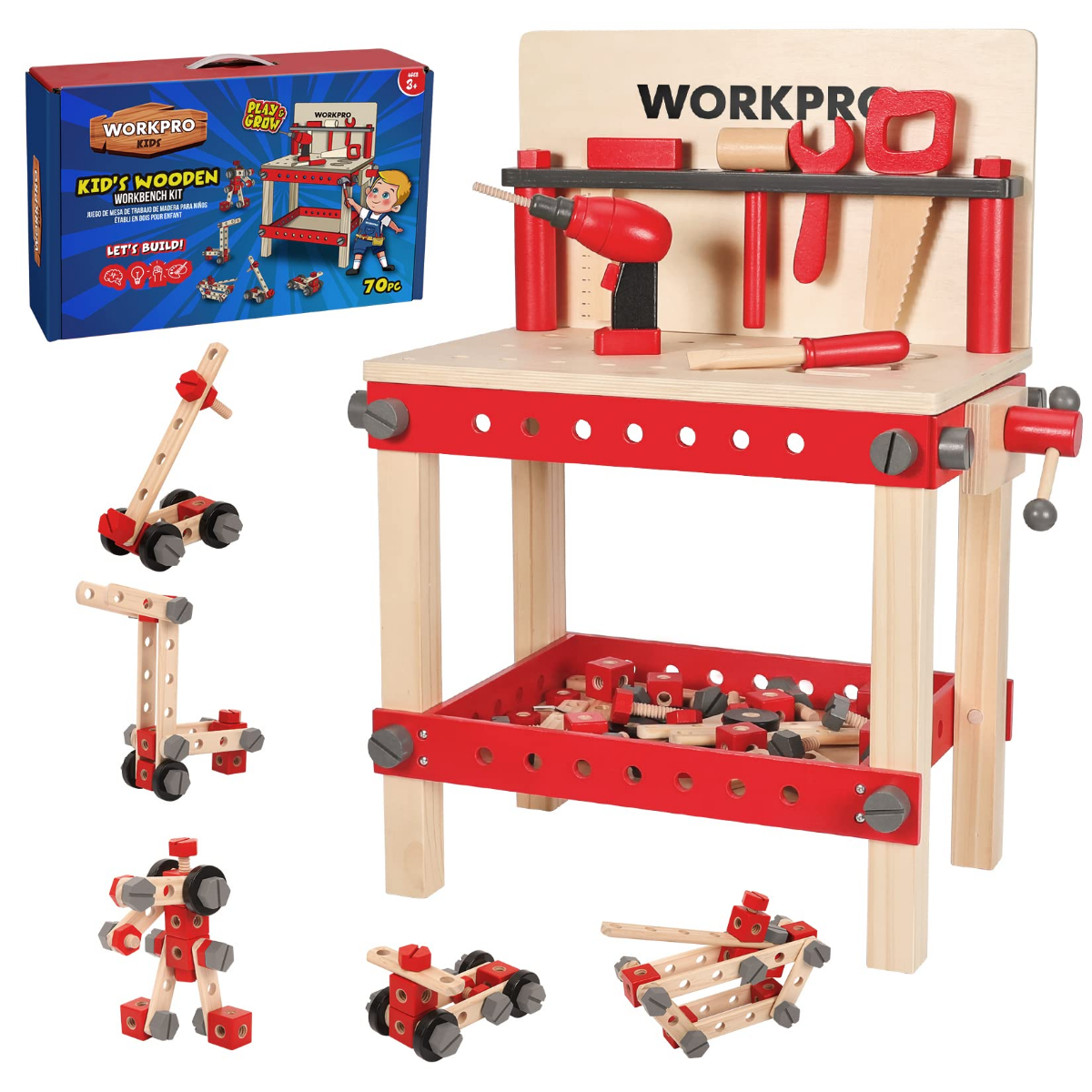 WORKPRO 70 Pcs Wooden Building Toy Tool Kit, Great Gift for Toddlers 3+