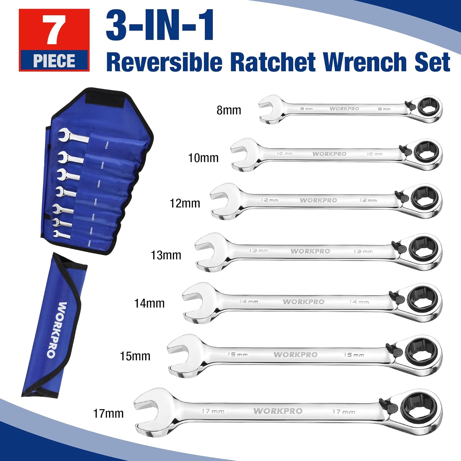 WORKPRO 7-Piece 3-in-1 Reversible Ratchet Wrench Set, Metric - Image 7