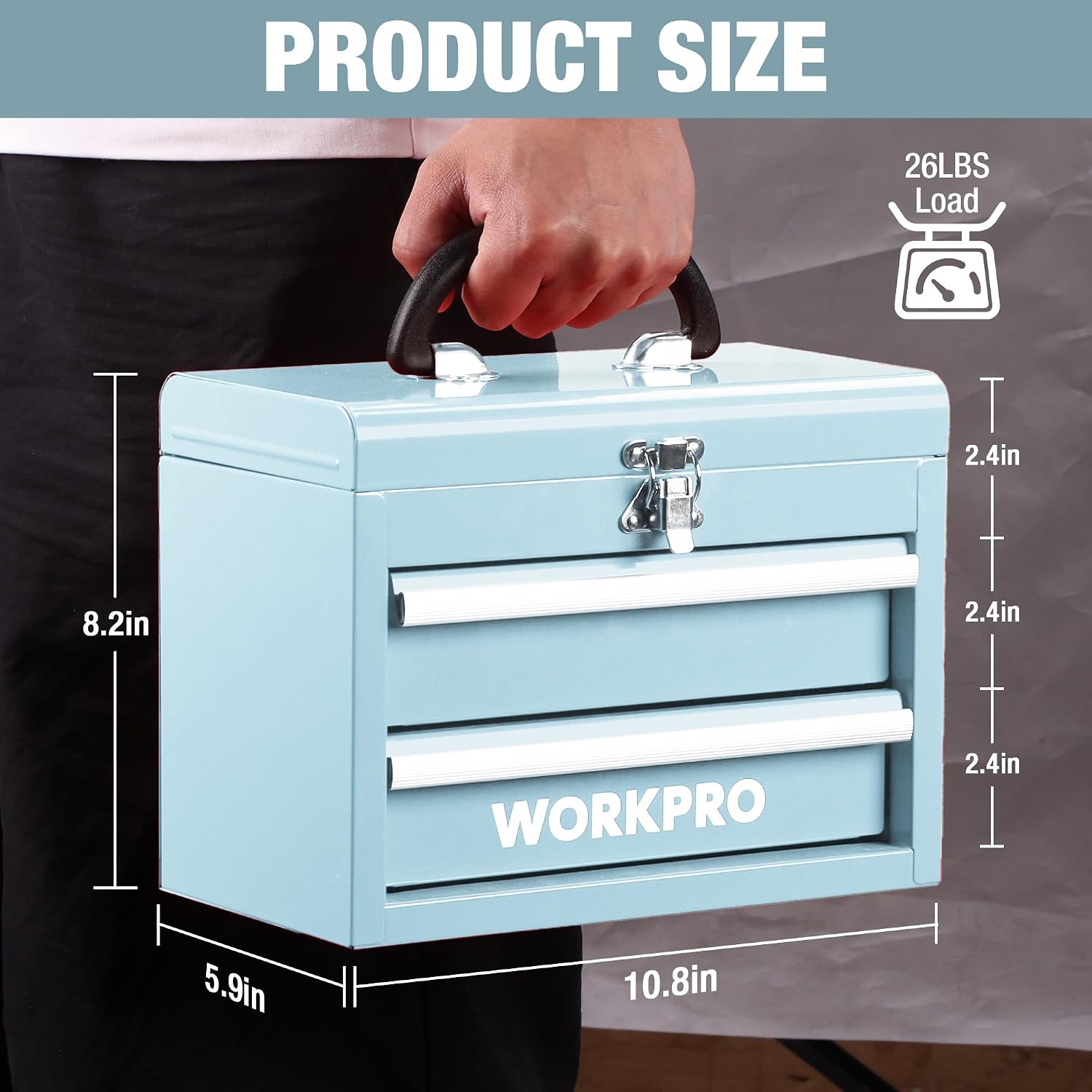 WORKPRO Portable & 12.5" Mini Metal Tool Box, Top Tool Chest Containing Two Drawers, Macaron Blue - Image 3