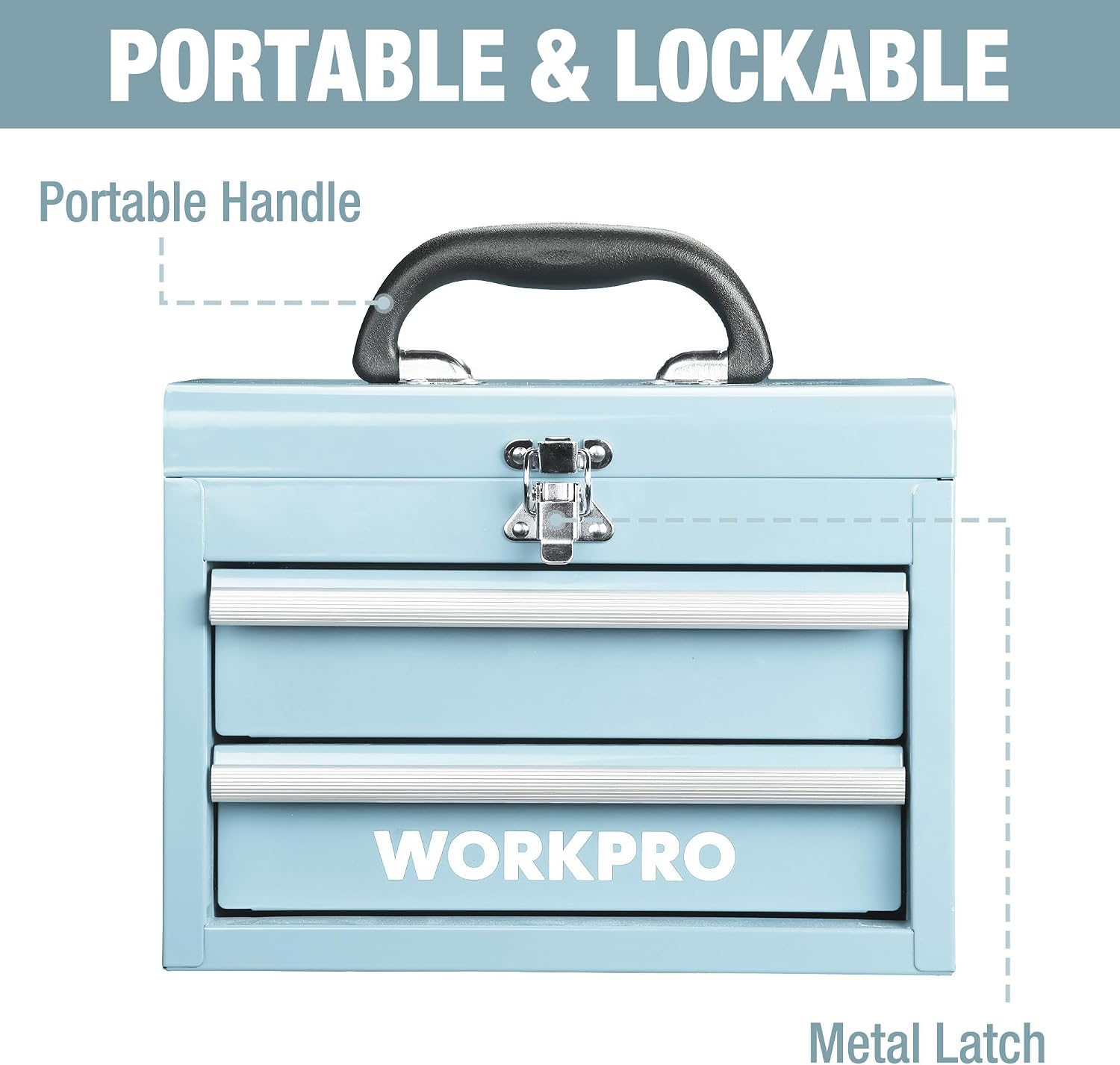 WORKPRO Portable & 12.5" Mini Metal Tool Box, Top Tool Chest Containing Two Drawers, Macaron Blue - Image 4