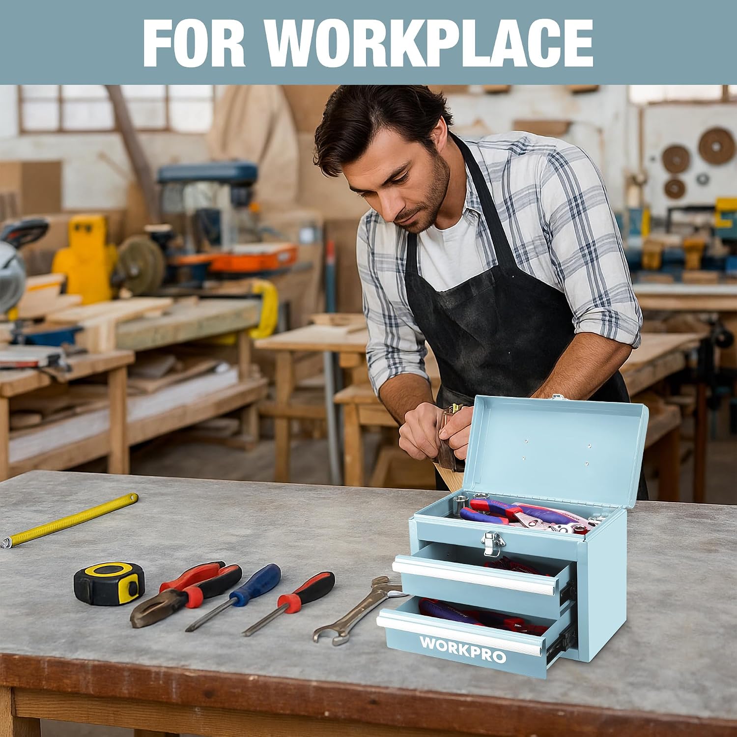 WORKPRO Portable & 12.5" Mini Metal Tool Box, Top Tool Chest Containing Two Drawers, Macaron Blue - Image 6