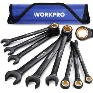 WORKPRO 9 Pcs Black Anti-Slip Ratcheting Combination Wrench Set, Metric 8-19 mm, 72-Teeth, Cr-V Constructed