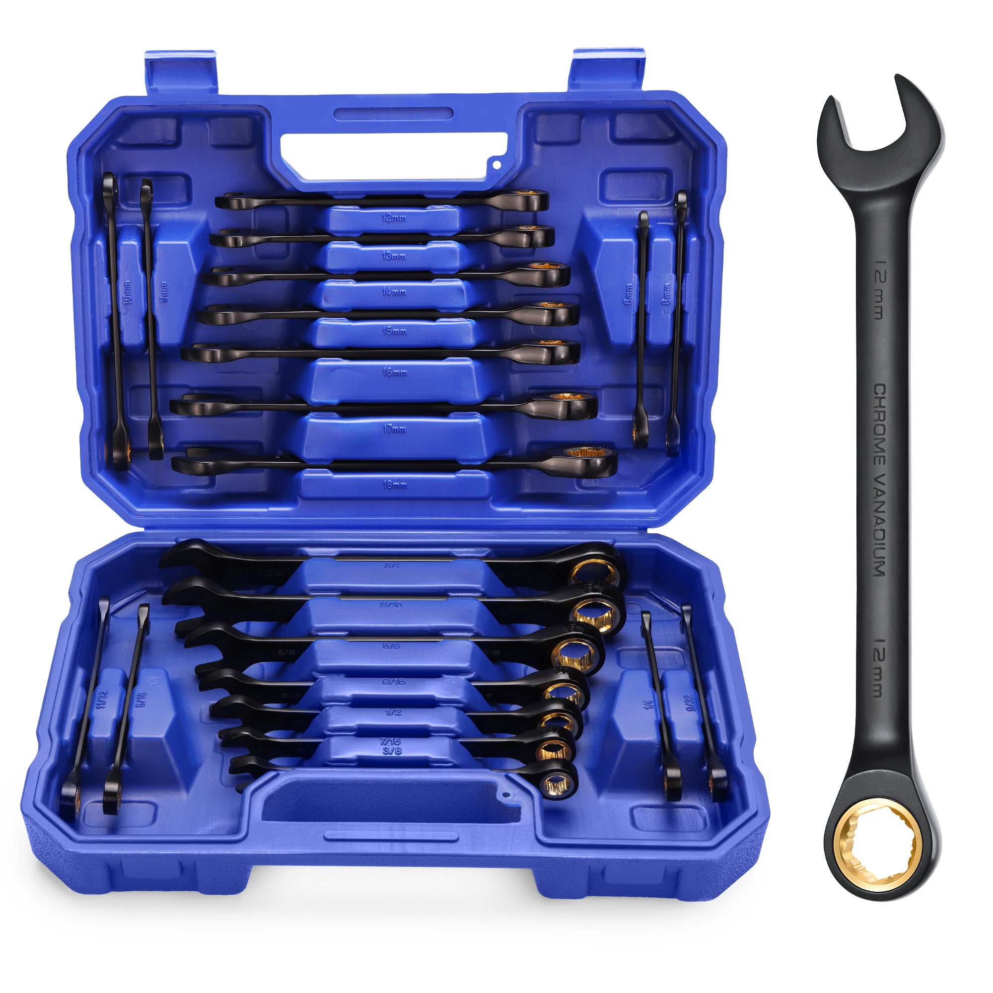 WORKPRO 22-piece Regular Ratcheting Wrench Set Anti-Slip Tooth with Organizer Box, Metric 6-18mm & SAE 1/4-3/4" - Image 2