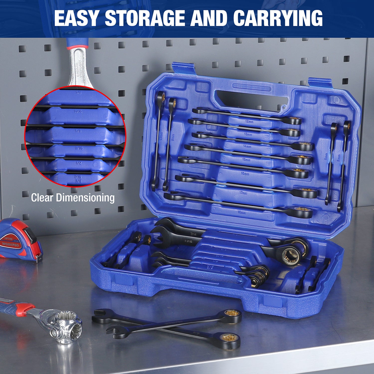 WORKPRO 22-piece Regular Ratcheting Wrench Set Anti-Slip Tooth with Organizer Box, Metric 6-18mm & SAE 1/4-3/4" - Image 7