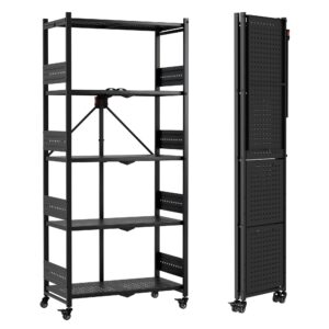 WORKPRO 5-Tier Folding Shelf, No-Assembly Metal Storage Rack with Wheels, 750 lbs Capacity (with Leveling Feet), Collapsible Shelving Unit for Kitchen, Pantry, Bathroom & Closet Organization
