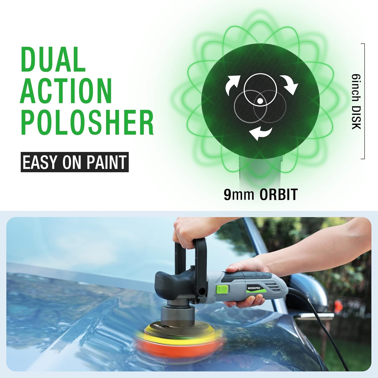 WORKPRO Car Buffer Polisher Kit, 6 Inch 6400RPM Dual Action With 6 Variable Speeds, 7A Orbital for Car Detailing, Waxing, Scratch Removing - Image 3